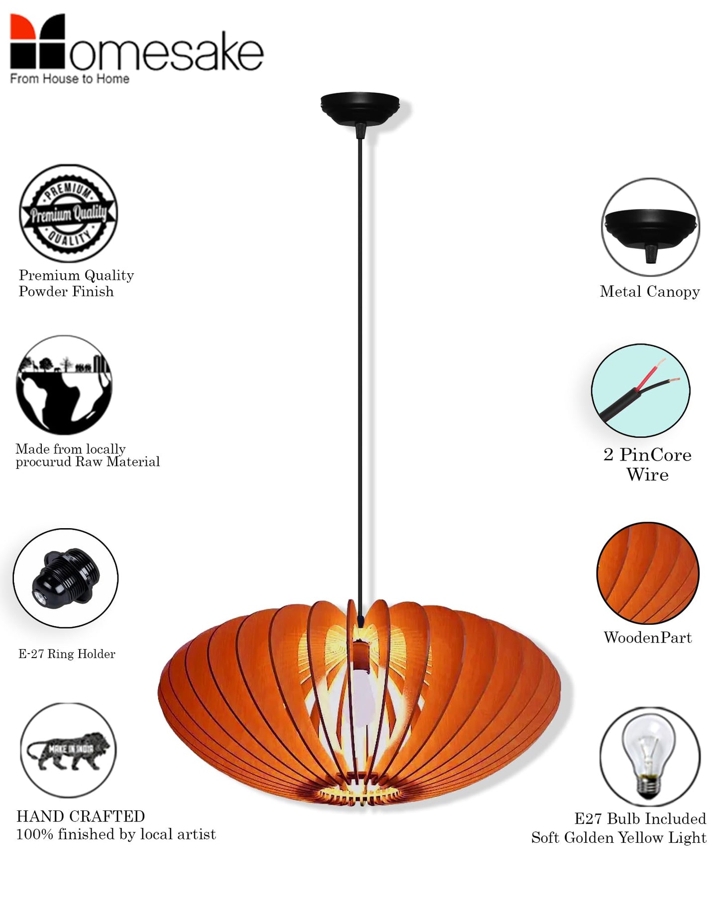 Homesake® Handcrafted Wooden Pendant lamp, Design Ceiling lamp,Hanging lamp Home decor Chandelier Light | E27 Bulb Included | Decoration for restaurants, Hotel, Home,Bedroom, Dining & Café