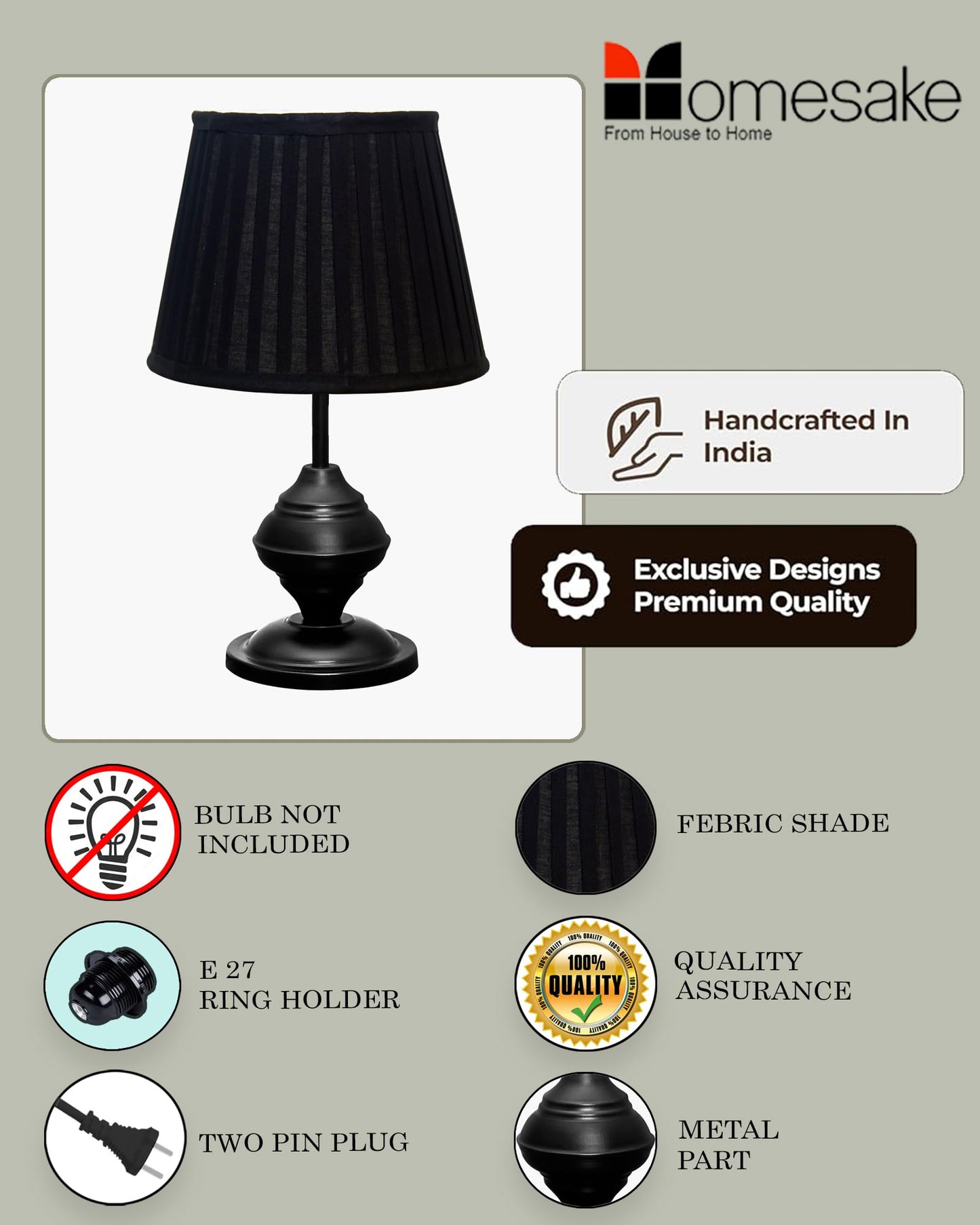 Homesake® Bedside Black Metal Table Lamp With Fabric Shade,Incandescent,E27 Holder,Urn,Desk Lamp,Night Lamp,Office,Nightstand,Table Lamp For Living Room,Study Room,Kids Room,Pleated