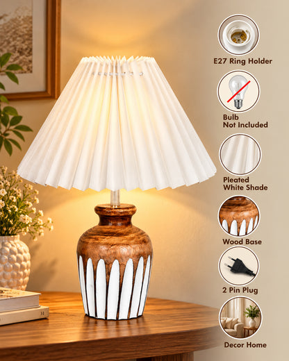 Small Cute Bedside Lamp with Linen Beige Lampshade, Nightstand Lamp for Nursery, Bedroom, Kid Room, Living Room, Light Brown Wooden Base, E27, Ribbed Urn, Pleated Jute