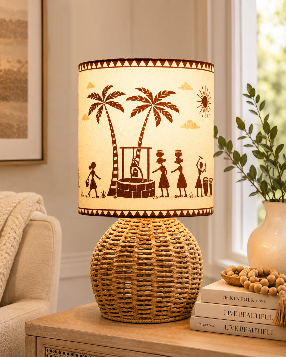 Homesake® Shade Rattan Table Lamp for Bedroom & Living Room, Natural Wicker Bedside Lamp for Bedroom, Living Room & Home Décor, E27 Holder, Livra, Scandinavian, Minimal Style Lighting (Round, Jute)