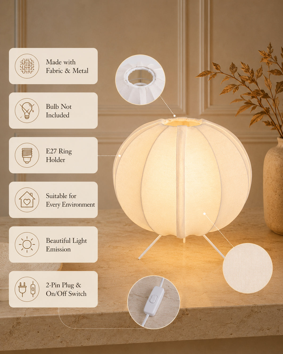Homesake® Traditional Style Design Living Room Silk Fabric Table Lamp for Home and Hotel Decoration Ball Shade Silk Restaurant Table Lamps White