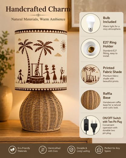 Homesake® Shade Rattan Table Lamp for Bedroom & Living Room, Natural Wicker Bedside Lamp for Bedroom, Living Room & Home Décor, E27 Holder, Livra, Scandinavian, Minimal Style Lighting (Round, Jute)