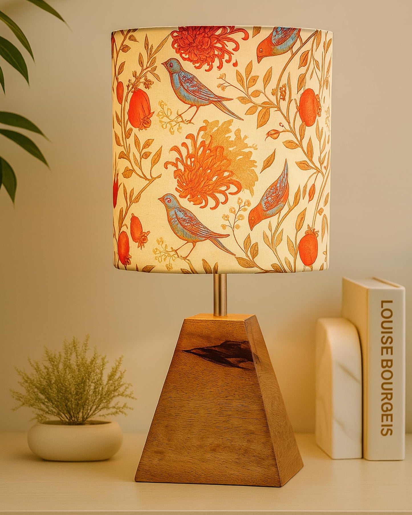 Wood Table Lamp, Modern Base Fabric Lampshade for Home Office Cafe Restaurant, Pyramid