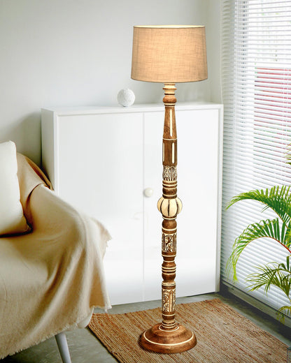 Royal Carving Antique white finish wooden floor lamp with Beige Fabric Lamp Shade