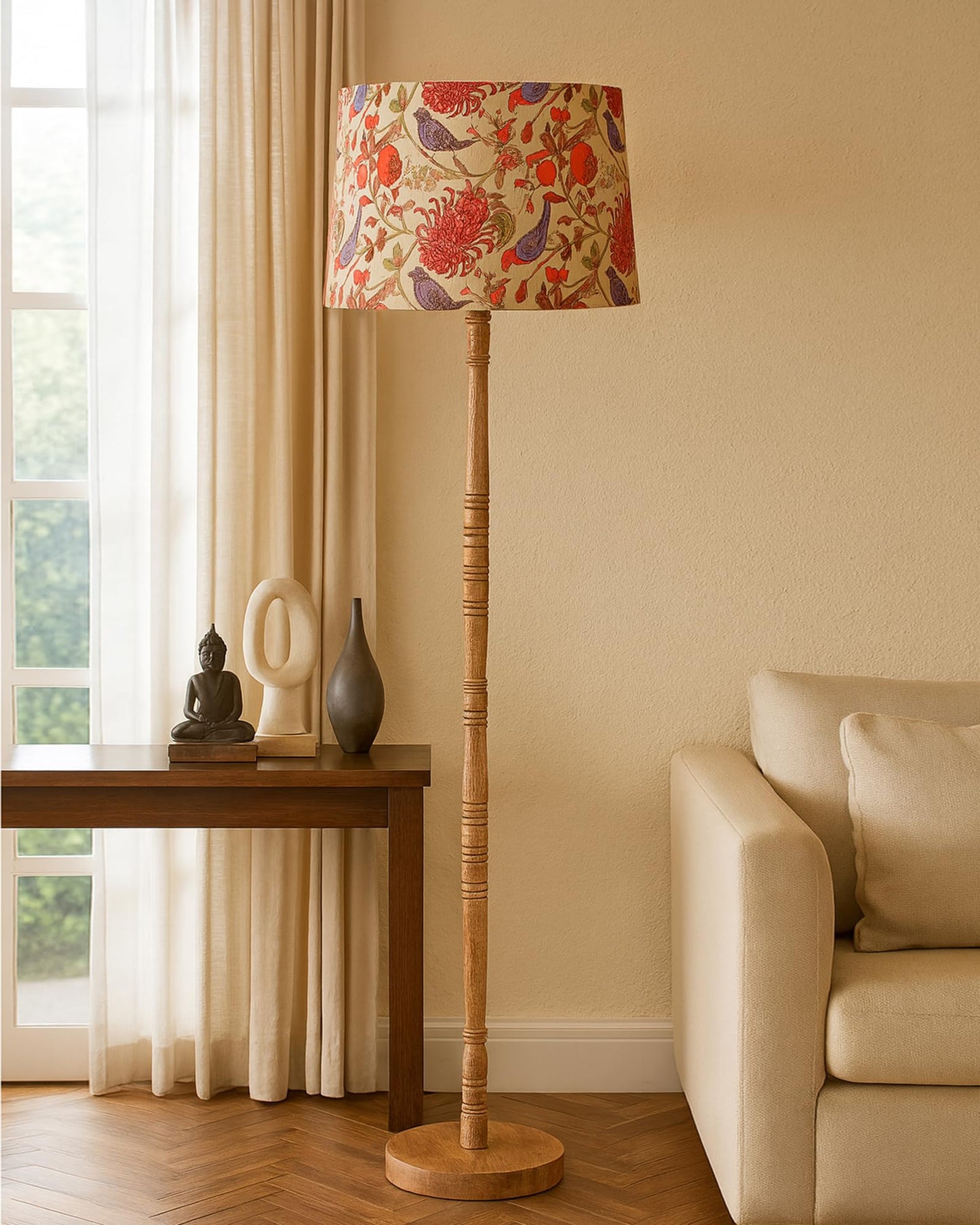 Homesake® Mid Century Modern Floor Lamp for Living Room | Hand turned | Corner Lamp for Living Room, Stand Lamp with Fabric Lampshade for Bedroom, Study Room and Office, (Vine and Flowers)