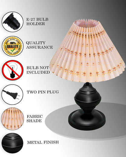 Homesake® Bedside Black Metal Table Lamp With Fabric Shade,Incandescent,E27 Holder,Urn,Desk Lamp,Night Lamp,Office,Nightstand,Table Lamp For Living Room,Study Room,Kids Room,Pleated