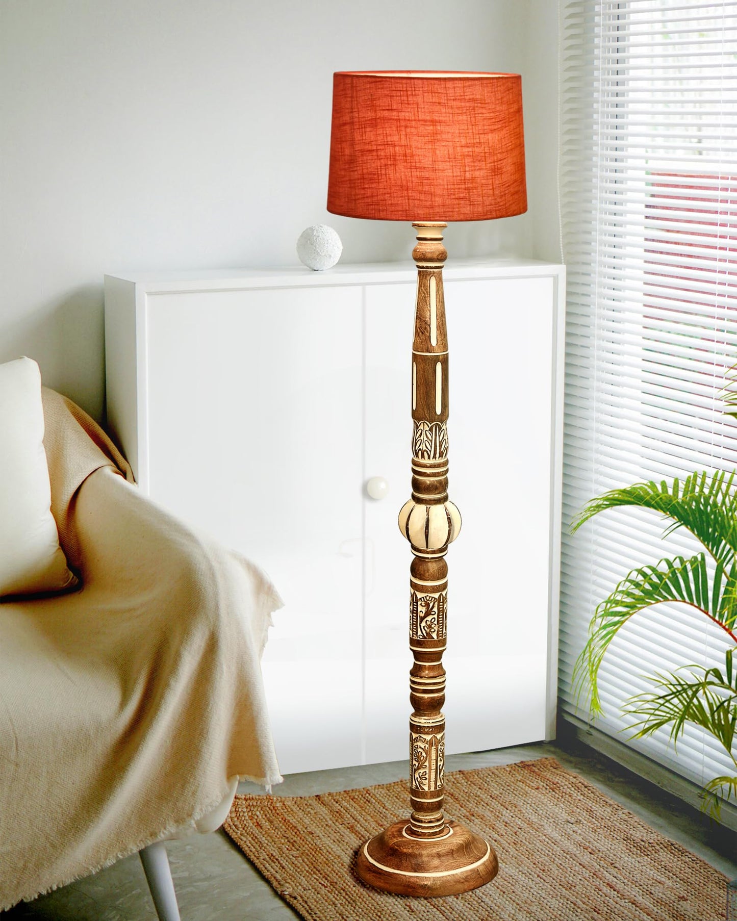 Royal Carving Antique white finish wooden floor lamp with Beige Fabric Lamp Shade