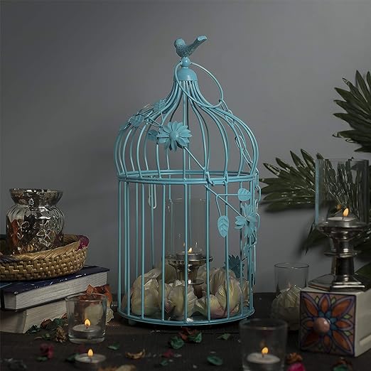Turquoise Bird Cage with Floral Vine Large Single, with Hanging Chain
