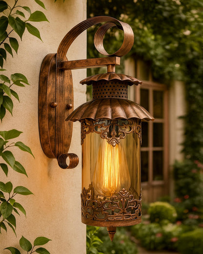 Rustic Wall Light Fixtures, Oil Rubbed Rust Finish Indoor Vintage Wall Sconce Industrial Lamp Fixture Glass Shade Farmhouse Metal Sconces for Bedroom Living Room Cafe, Wall Filgree Cylinder