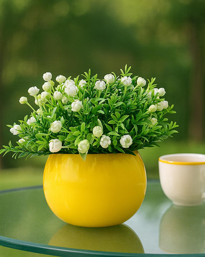 Ice Italian Rose Bunch Artificial faux Decorative Green Flower Plant, Table Centerpieces, Floral Arrangements, Yellow Metal Pot