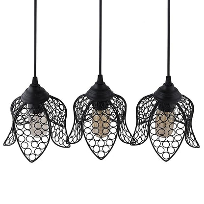 3-lights Cluster Chandelier Black Lotus Hanging Pendant Light with Braided Cord