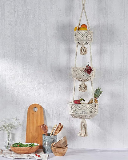 3 Tier Hanging Fruit Basket for Kitchen, Macrame Hanging Basket for Fruit and Vegetable Storage, Boho Wall Baskets for Organizing, Boho Decor for Indoor Plants, 46 Inches Long