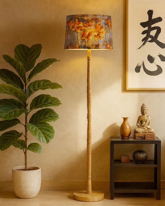 Homesake® Mid Century Modern Floor Lamp for Living Room | Hand turned | Corner Lamp for Living Room, Stand Lamp with Fabric Lampshade for Bedroom, Study Room and Office, (Vine and Flowers)