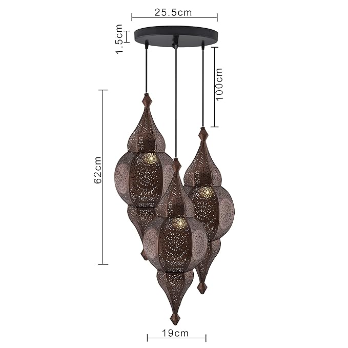 3-Lights Round Cluster Chandelier Ceiling Antique Classic Moroccan Nargis Hanging Pendant Light with Braided Cord, URBAN Retro, Nordic Style, LED/Filament Bulb