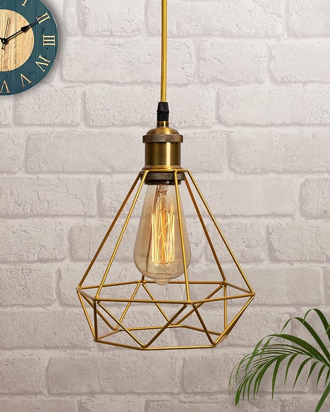 Lighting Golden Metal Cage Lampshade for Pendant Light With Antique handcraft brushed Holders Hanging Lighting Cord Fixture Farmhouse Bedroom Dining Room Decoration