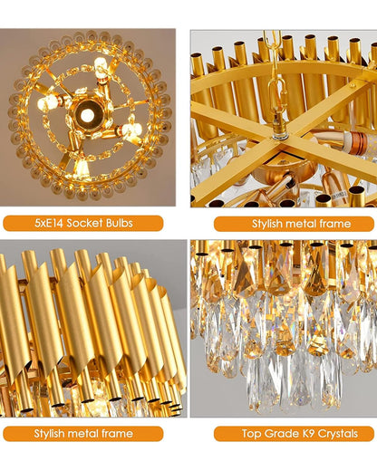 15" 5-Light Modern Crystal Chandelier Light Fixtures 3-Tier Gold Luxury Chandeliers for Dining Room Round Hanging Pendant Lighting for Living Room Kitchen Entryway, Bedroom Hallway 400mm