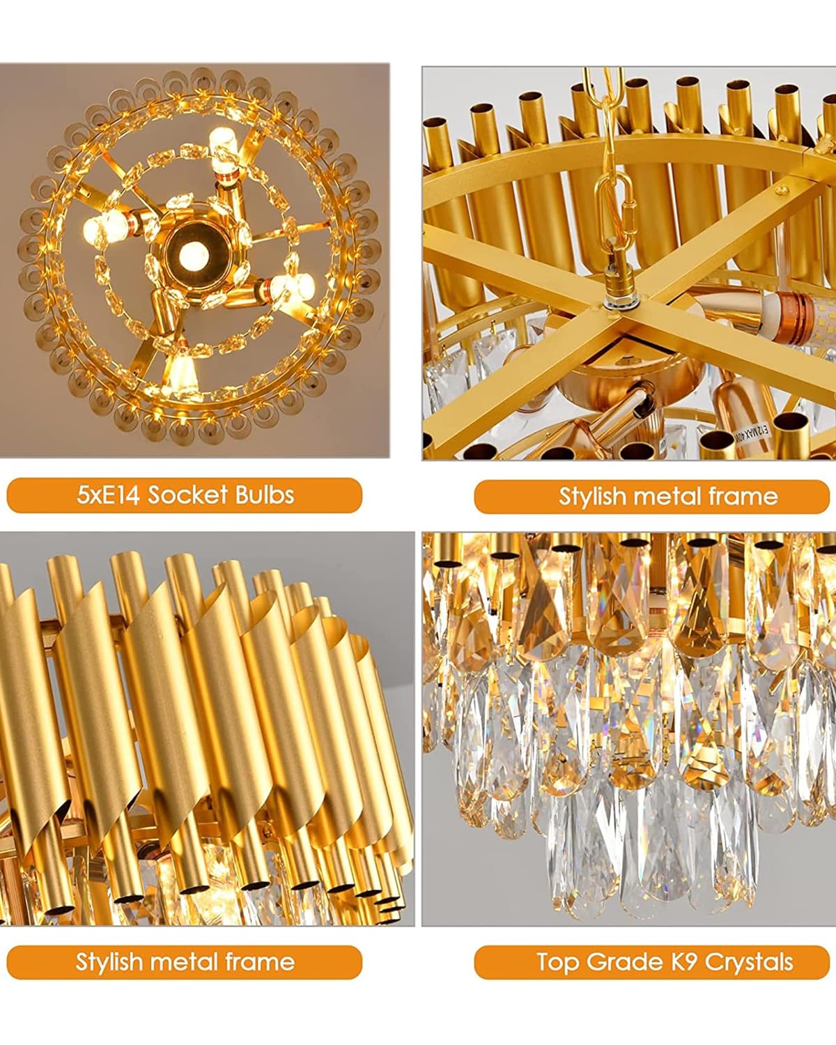 15" 5-Light Modern Crystal Chandelier Light Fixtures 3-Tier Gold Luxury Chandeliers for Dining Room Round Hanging Pendant Lighting for Living Room Kitchen Entryway, Bedroom Hallway 400mm