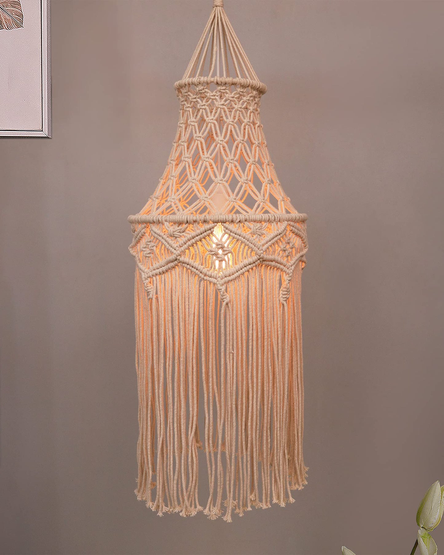 Macrame Lamp Shade Boho Hanging Pendant Light Cover,Handmade Woven Bohemian Decoration Chandelier Shade for Modern Office Bedroom Living Room Nursery Dorm, E27
