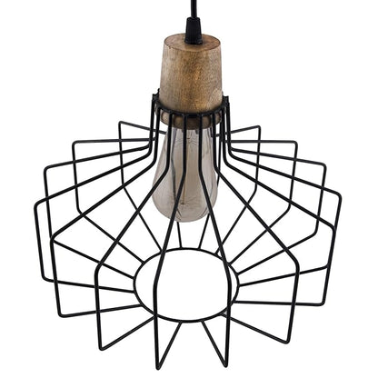 Industrial Loft Black Metal Cage Wood Art Pendant, Hanging Ceiling Lights, Edison Vintage light