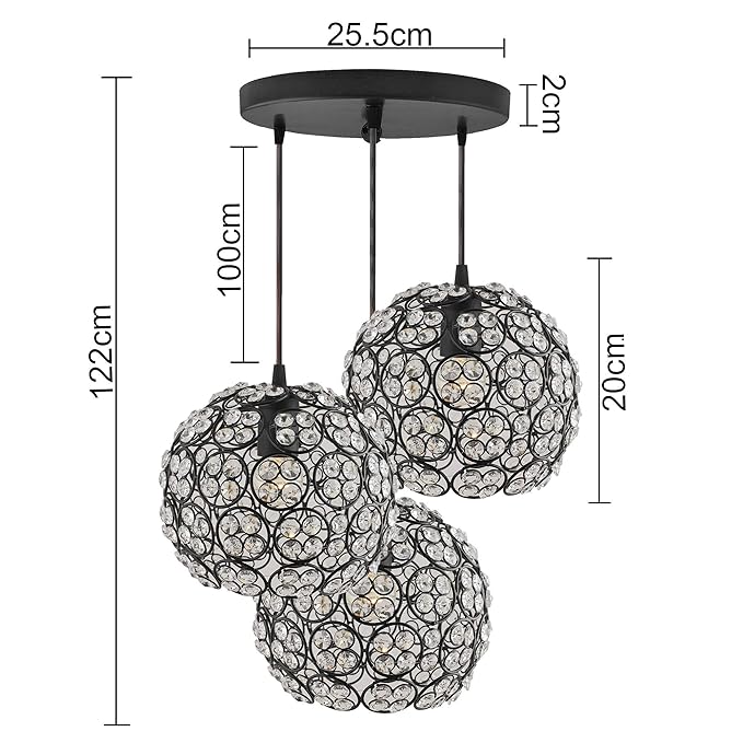3-Lights Round Cluster Globe Chandelier Quad Crystal Hanging Light, Decorative, Black, Kitchen Area and Dining Room Light, LED/Filament Light