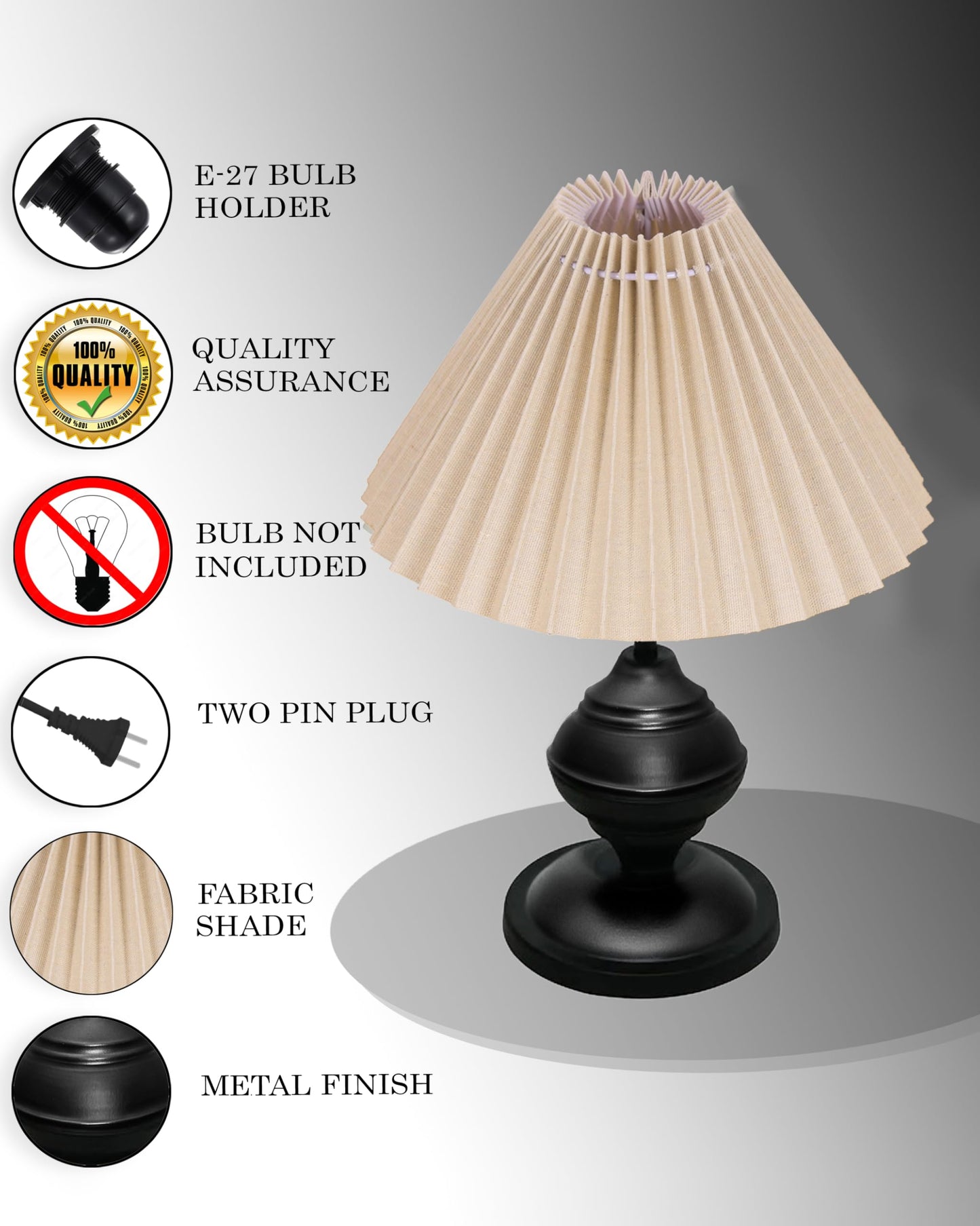 Homesake® Bedside Black Metal Table Lamp With Fabric Shade,Incandescent,E27 Holder,Urn,Desk Lamp,Night Lamp,Office,Nightstand,Table Lamp For Living Room,Study Room,Kids Room,Pleated