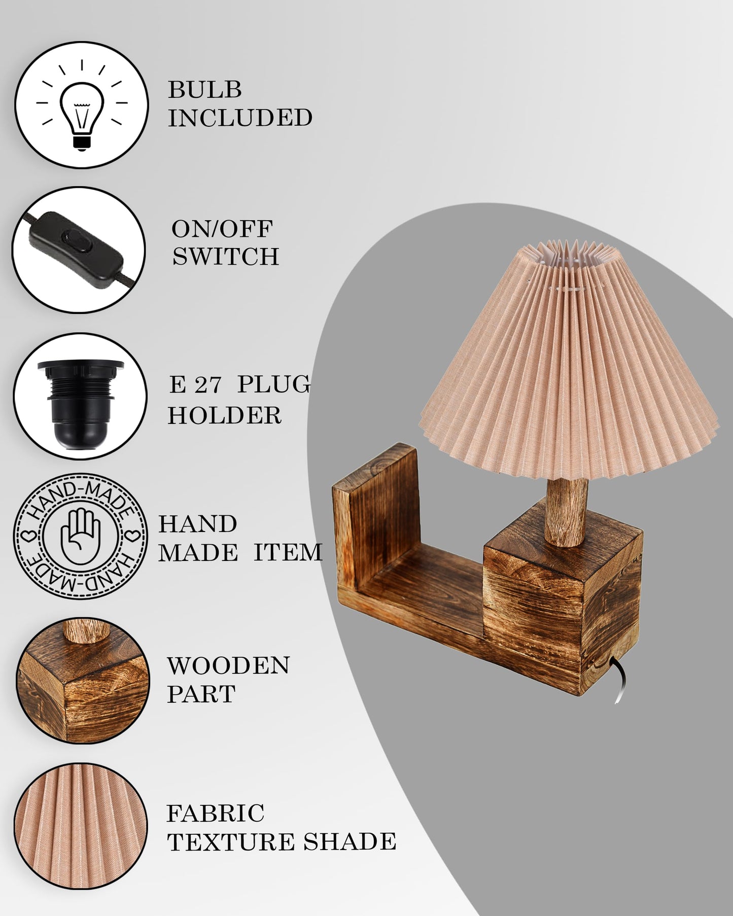 Wood Tripod Small Table Lamps, Rustic Antique Dimmable Bedside Lamp with Linen Lampshade, Nightstand Lamp for Nursery, Bedroom, Kid Room, Living Room,