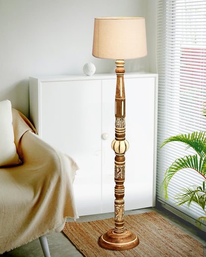Royal Carving Antique white finish wooden floor lamp with Beige Fabric Lamp Shade