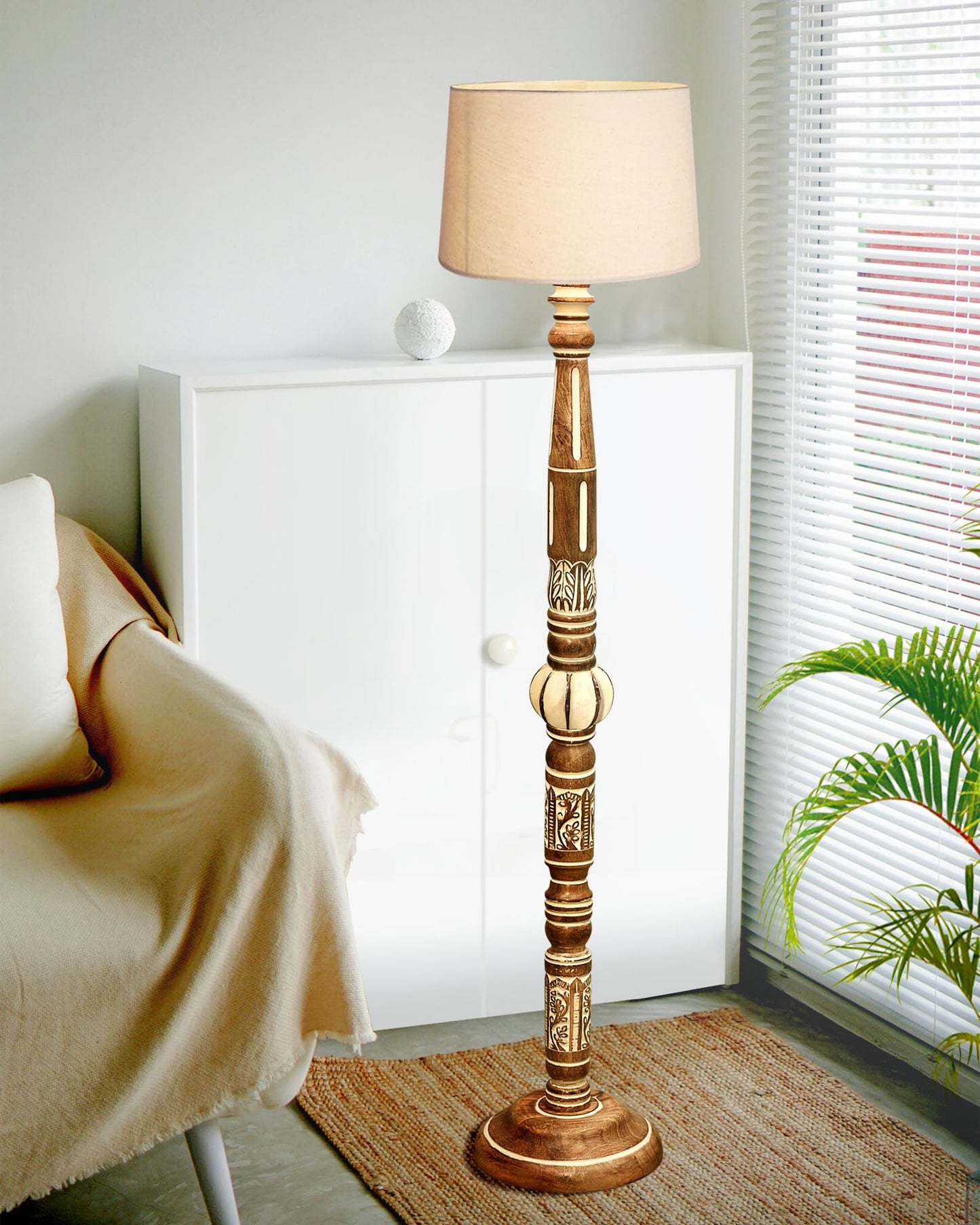 Royal Carving Antique white finish wooden floor lamp with Beige Fabric Lamp Shade