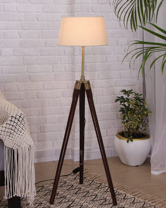 Homesake® Floor lamp for Living Room Long Wooden | Night Lamp with Shade for Light Decoration | Antique Home Decor Items | Standing Lamp | Corner Lamp for Living Room (Tripod Off-White)