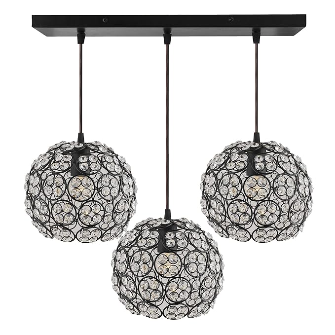 3-Lights Linear Cluster Globe Chandelier Quad Crystal Hanging Light, Decorative, Black, Kitchen Area and Dining Room Light, LED/Filament Light