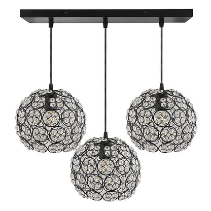 3-Lights Linear Cluster Globe Chandelier Quad Crystal Hanging Light, Decorative, Black, Kitchen Area and Dining Room Light, LED/Filament Light