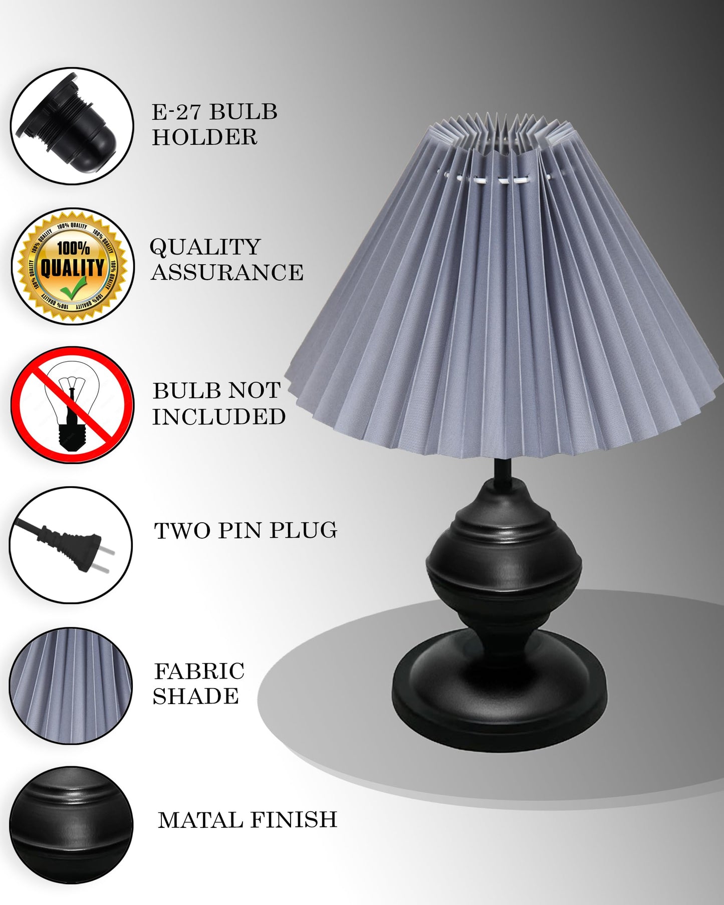 Bedside Black Metal Table Lamp with Fabric Shade, E27 holder, Urn, Pleated Jute Shade