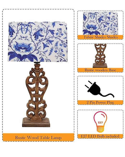 Sculptural Hand Carved Wood Table Lamp with Blue Birds shade, Mint Green.
