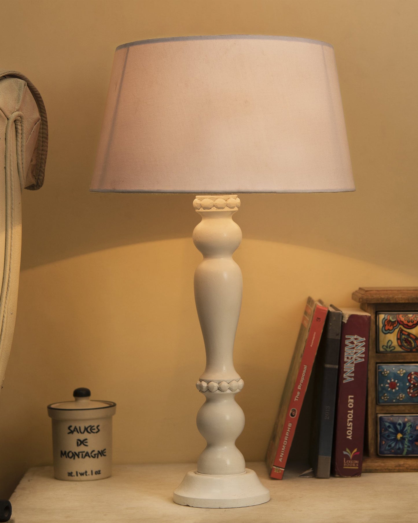 Homesake® Eureka Polka White Wood Table Lamp with White Drum Shade for Living Room, Home Decor, Bedroom