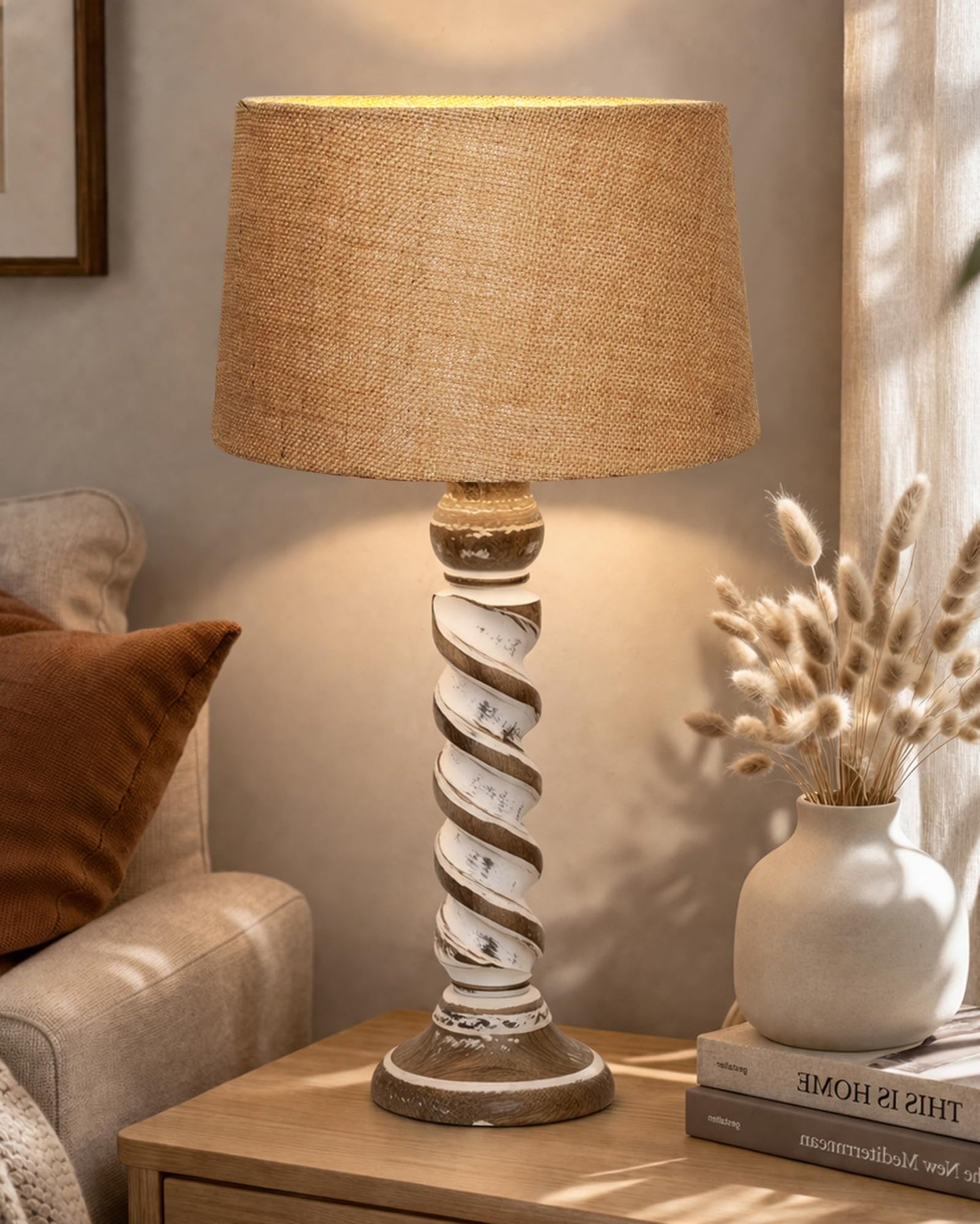 Signature Rustic Rope Whitewash Table Lamp With Jute Drum Shade, farmhouse Living Room Bedroom House Bedside Nightstand Home Office Reading Light