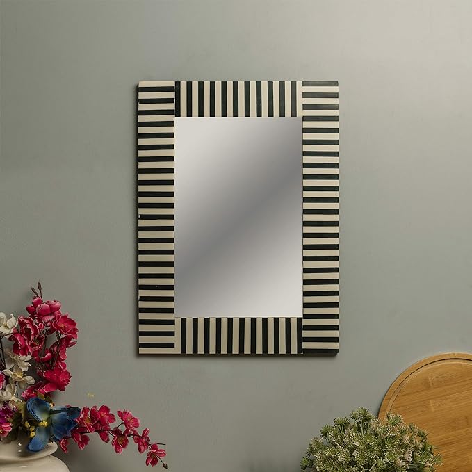 Black White Zebra Stripes Rectangle Mirror Wood Resin Wall Hanging Wall Decor for Living Room, Bedroom, Kids Room