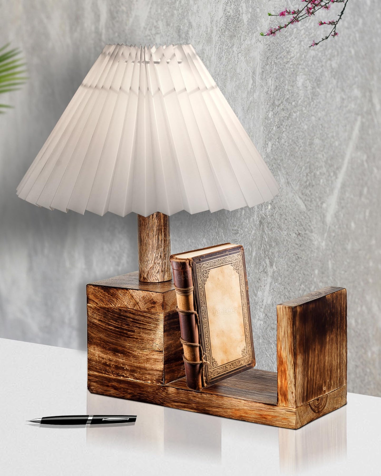 Wood Tripod Small Table Lamps, Rustic Antique Dimmable Bedside Lamp with Linen Lampshade, Nightstand Lamp for Nursery, Bedroom, Kid Room, Living Room,