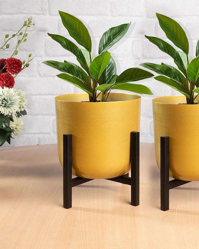 Mid Century Plant Stand with Pot Included 8 Inch Large Metal Planter Pot with Stand,Pack of 1