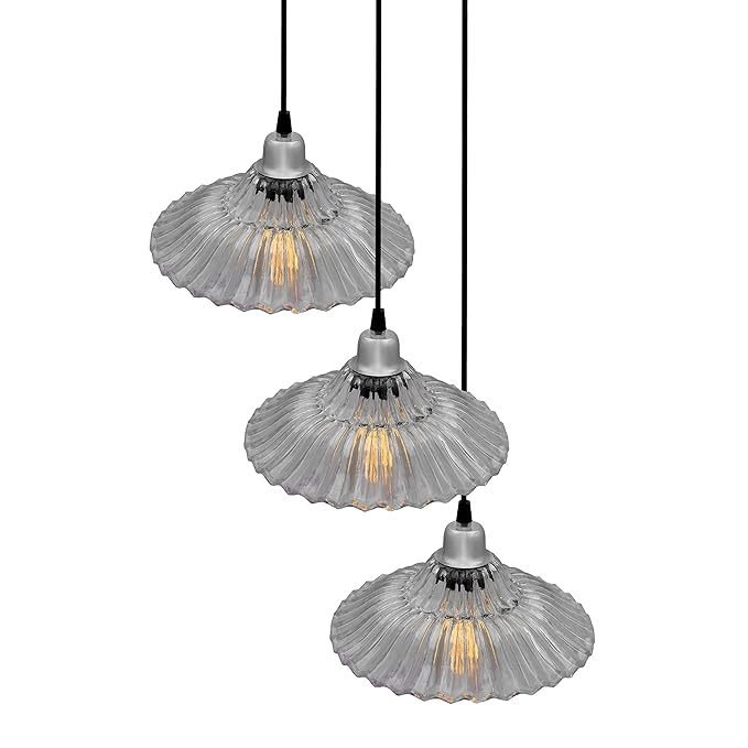 3-lights Round Cluster Chandelier Ceiling Ribbed Glass Hanging Pendant Light with Braided Cord, URBAN Retro, nordic style, LED/filament bulb