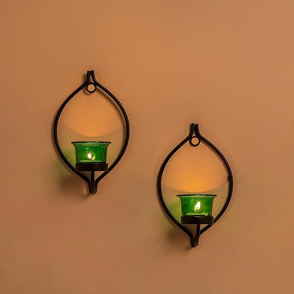 Set of 2 Decorative Black Eye Wall Sconce/Candle Holder With Glass and Free T-light Candles