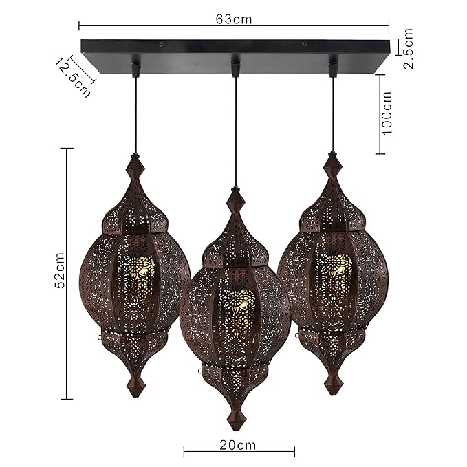 3-Lights Linear Cluster Chandelier Antique Classic Moroccan Orb Hanging Pendant Light, Kitchen Area and Dining Room Light, LED/Filament Light