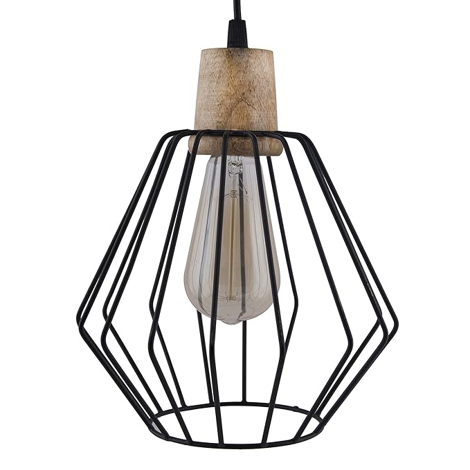 Industrial Loft Black Metal Cubist Cage Wood Art Pendant, Hanging Ceiling Lights, Edison Vintage light