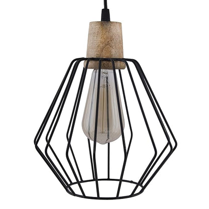 Industrial Loft Black Metal Cubist Cage Wood Art Pendant, Hanging Ceiling Lights, Edison Vintage light