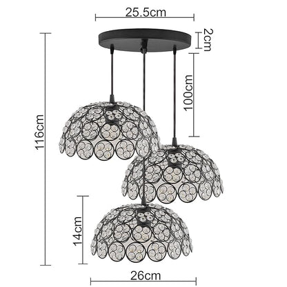 3-Lights Round Cluster Hemisphere Chandelier Quad Crystal Hanging Light, Decorative, Black, Kitchen Area and Dining Room Light, LED/Filament Light