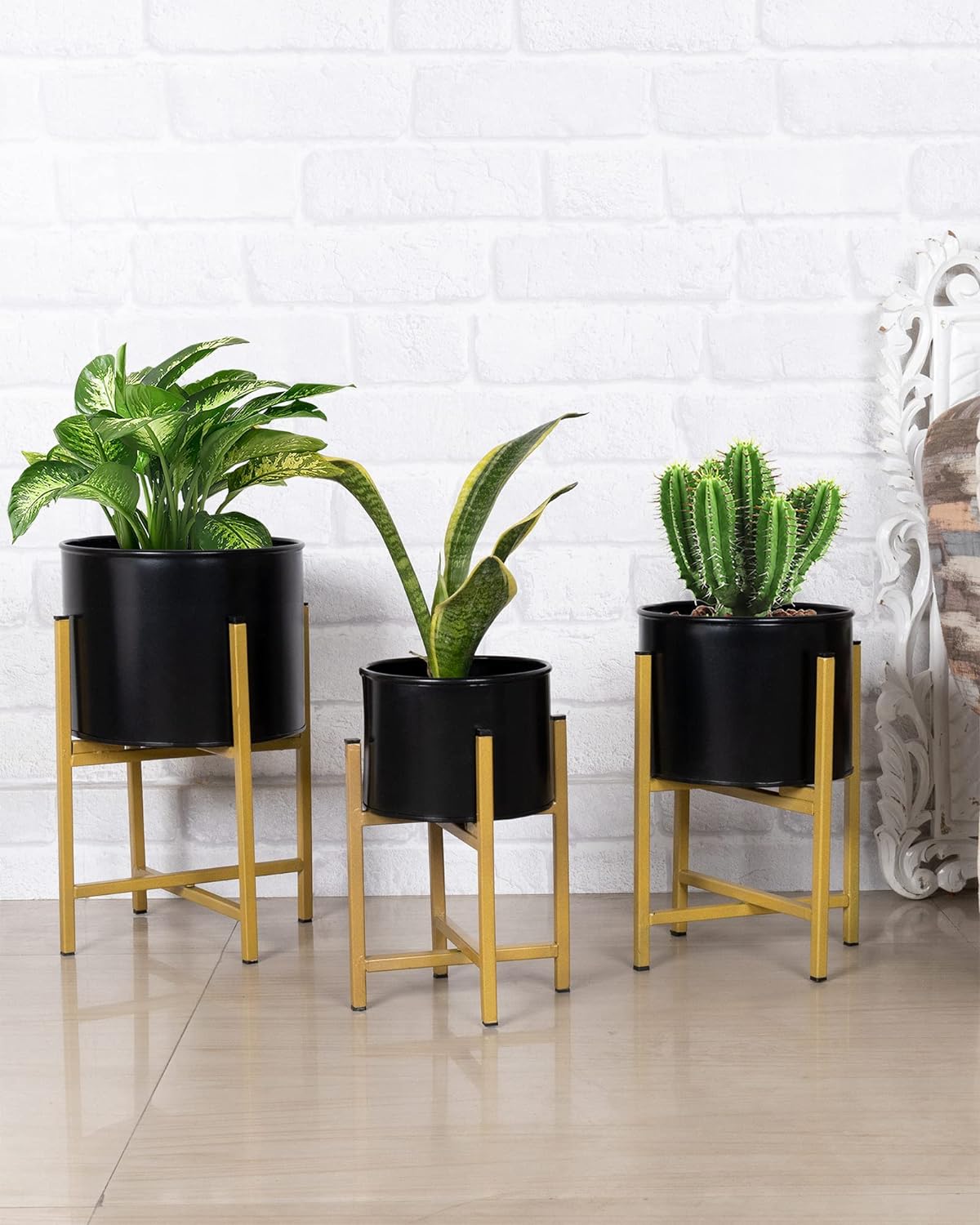Mid Century Planters with Metal Stand (Set of 3) - Modern Decorative Plant Pot and Flower Holder with Iron Stand for Corner Display- Indoor Plant Stand for Home Decor, Golden