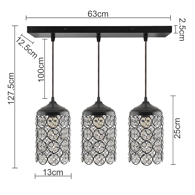 3-Lights Linear Cluster Cylinder Chandelier Quad Crystal Hanging Light, Decorative, Black, Kitchen Area and Dining Room Light, LED/Filament Light