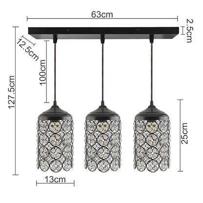 3-Lights Linear Cluster Cylinder Chandelier Quad Crystal Hanging Light, Decorative, Black, Kitchen Area and Dining Room Light, LED/Filament Light