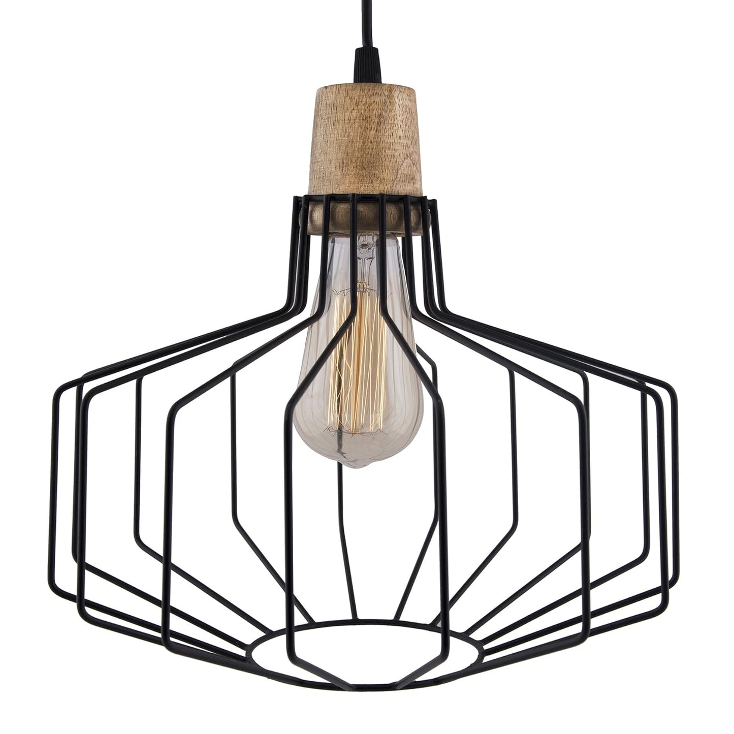 Industrial Loft Black Metal Cage Wood Art Pendant, Hanging Ceiling Lights, Edison Vintage light