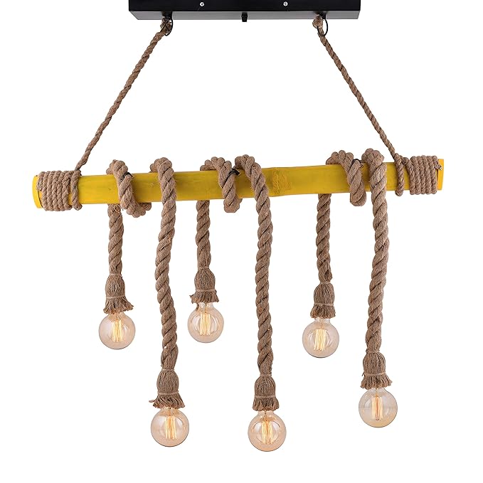 Hemp Rope Chandelier Industrial Vintage Pendant Light Bamboo Ceiling Hanging Lamp with 6 E27 Socket for Bar Cafe Restaurant Dining Table Home Decoration