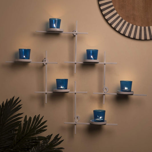 Homesake® White Scorching Ladder with Six Votive Blue, Wall Hanging Candle Tealight Holder, Set of 2